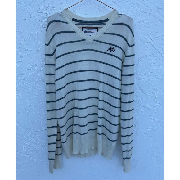 Aeropostale Mens Pullover Long Sleeve V Neck Sweater Gray Striped Sz M - Picture 8 of 8